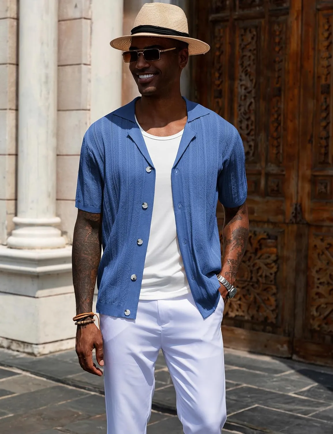 URRU Men's Knit Button Down Shirt Short Sleeve Vintage Polo Shirts Casual Summer Beach Tops