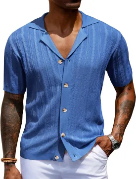URRU Men's Knit Button Down Shirt Short Sleeve Vintage Polo Shirts Casual Summer Beach Tops