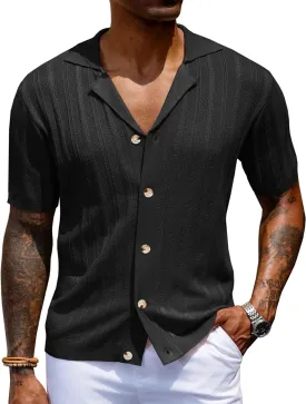URRU Men's Knit Button Down Shirt Short Sleeve Vintage Polo Shirts Casual Summer Beach Tops