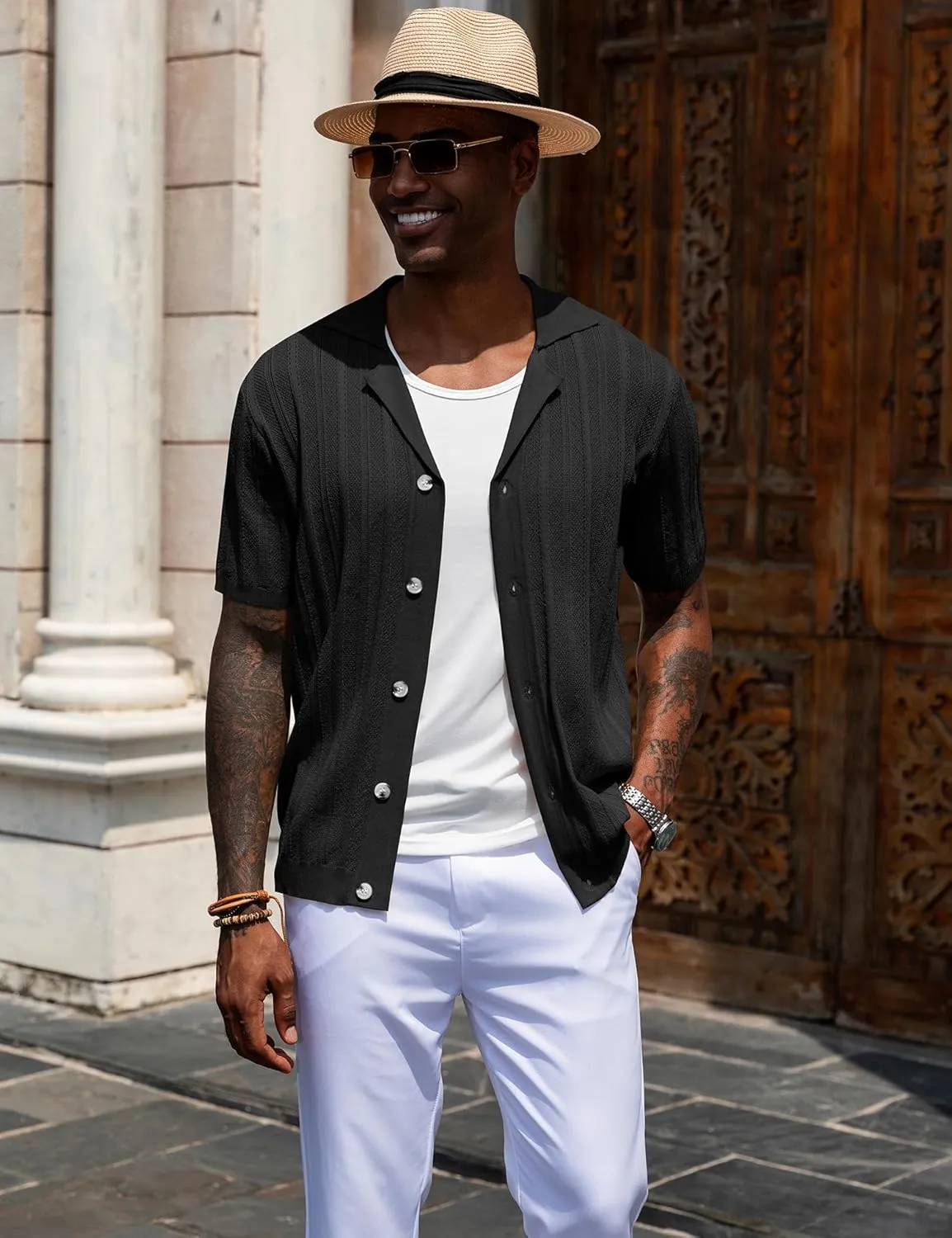 URRU Men's Knit Button Down Shirt Short Sleeve Vintage Polo Shirts Casual Summer Beach Tops
