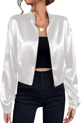 Verdusa Women's Bomber Satin Lightweight Jacket Drop Shoulder Long Sleeve Zip Up Outerwear
