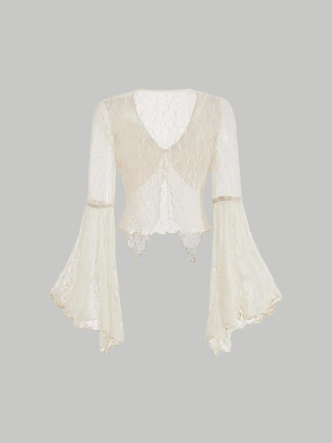 Verdusa Women's Lace Tops Tie Front Bell Long Sleeve Sheer Blouse Crop Tops