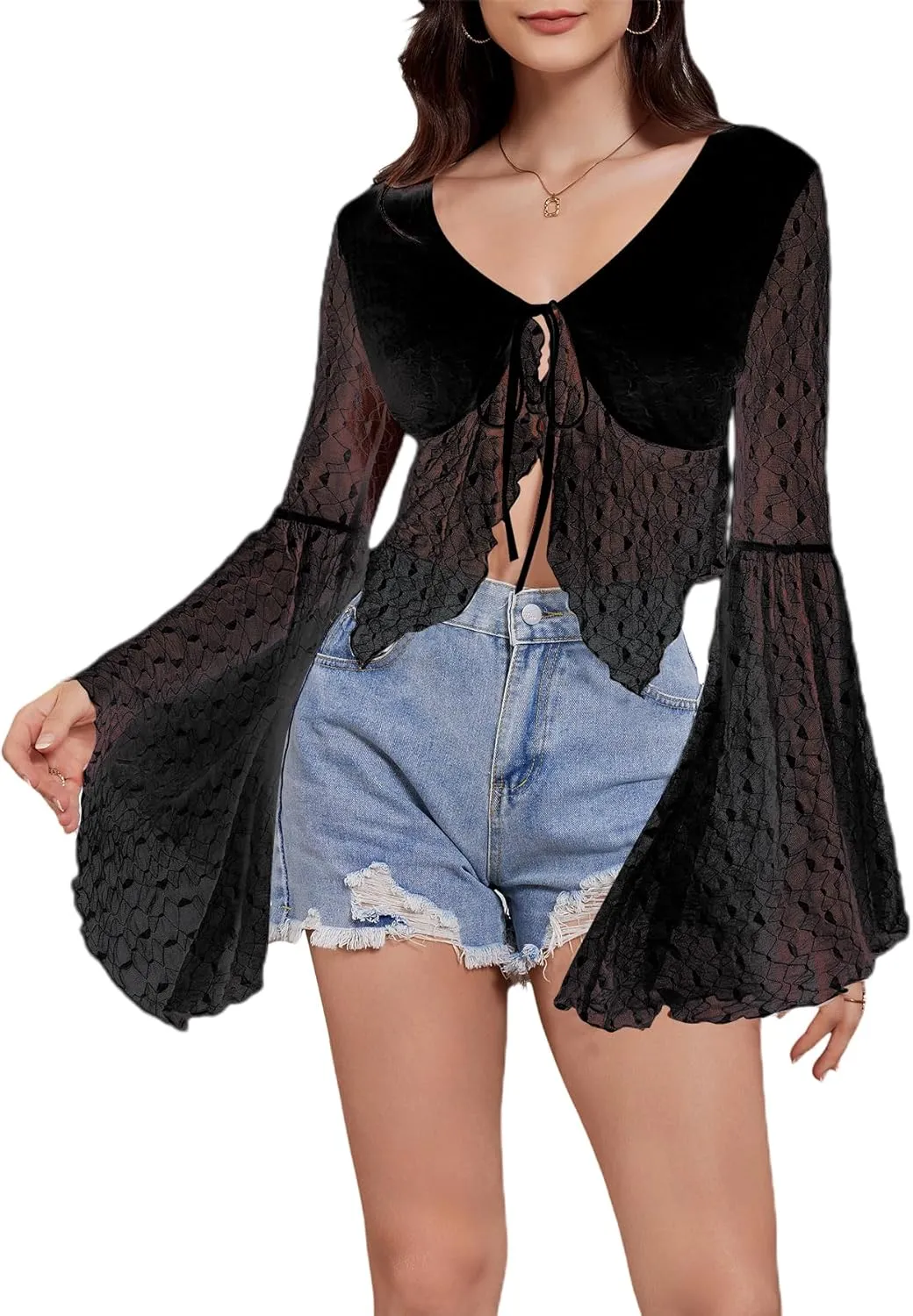Verdusa Women's Lace Tops Tie Front Bell Long Sleeve Sheer Blouse Crop Tops