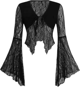 Verdusa Women's Lace Tops Tie Front Bell Long Sleeve Sheer Blouse Crop Tops