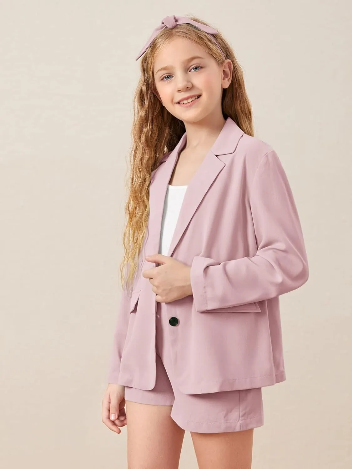 WDIRARA Girl's 2 Piece Outfits Button Front Long Sleeve Blazer and Shorts Set