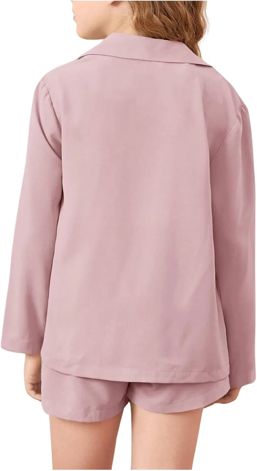 WDIRARA Girl's 2 Piece Outfits Button Front Long Sleeve Blazer and Shorts Set
