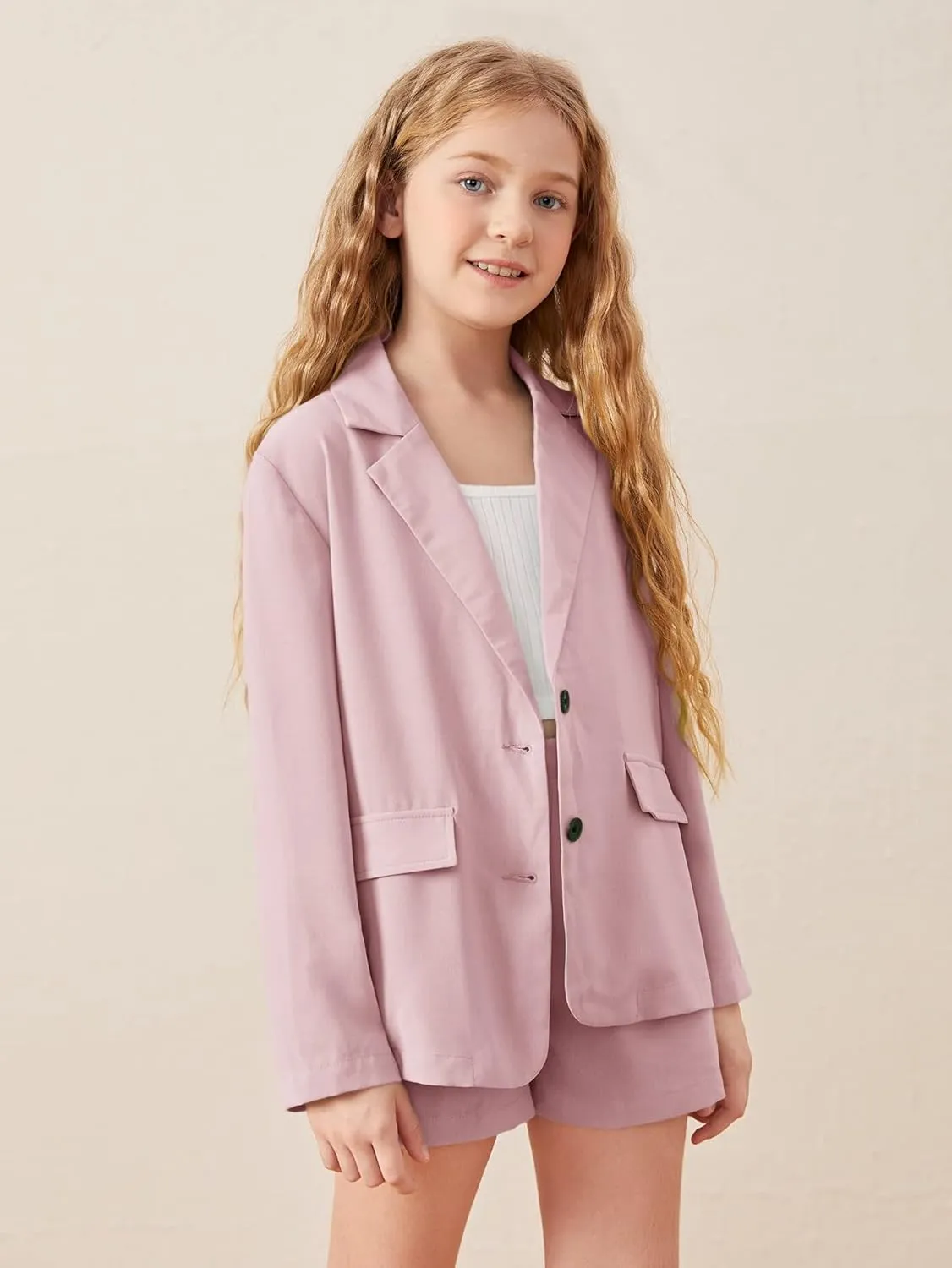WDIRARA Girl's 2 Piece Outfits Button Front Long Sleeve Blazer and Shorts Set