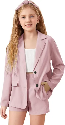 WDIRARA Girl's 2 Piece Outfits Button Front Long Sleeve Blazer and Shorts Set
