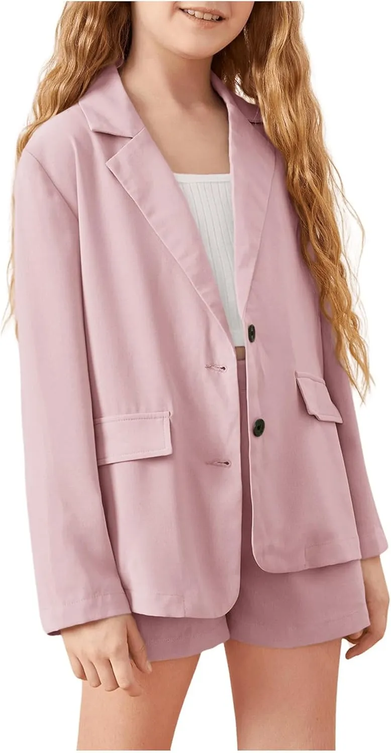WDIRARA Girl's 2 Piece Outfits Button Front Long Sleeve Blazer and Shorts Set