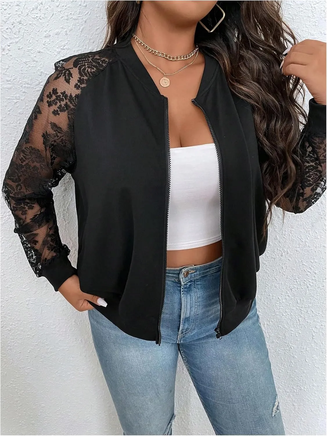 WDIRARA Women's Plus Size Lace Zip Up Bomber Jacket Mesh Long Sleeve Outerwear