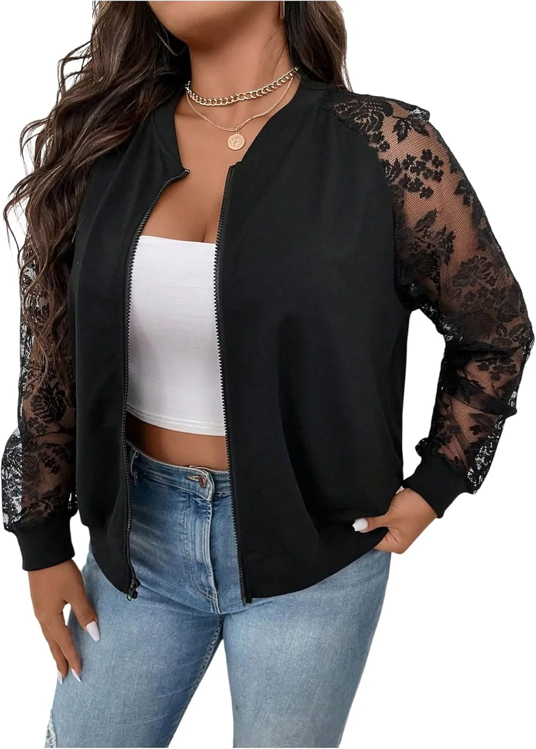 WDIRARA Women's Plus Size Lace Zip Up Bomber Jacket Mesh Long Sleeve Outerwear