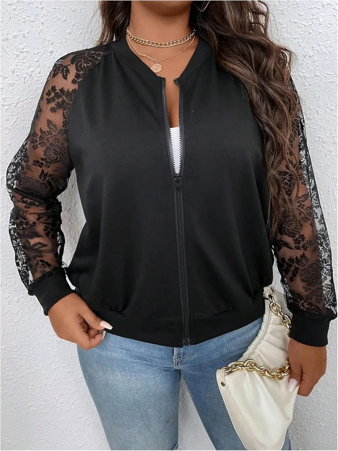 WDIRARA Women's Plus Size Lace Zip Up Bomber Jacket Mesh Long Sleeve Outerwear