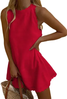 Women Casual Tank Dress Sleeveless Mock Neck Back Zipper Linen Summer Dress Scallop Halter Dress Sundress Beachwear