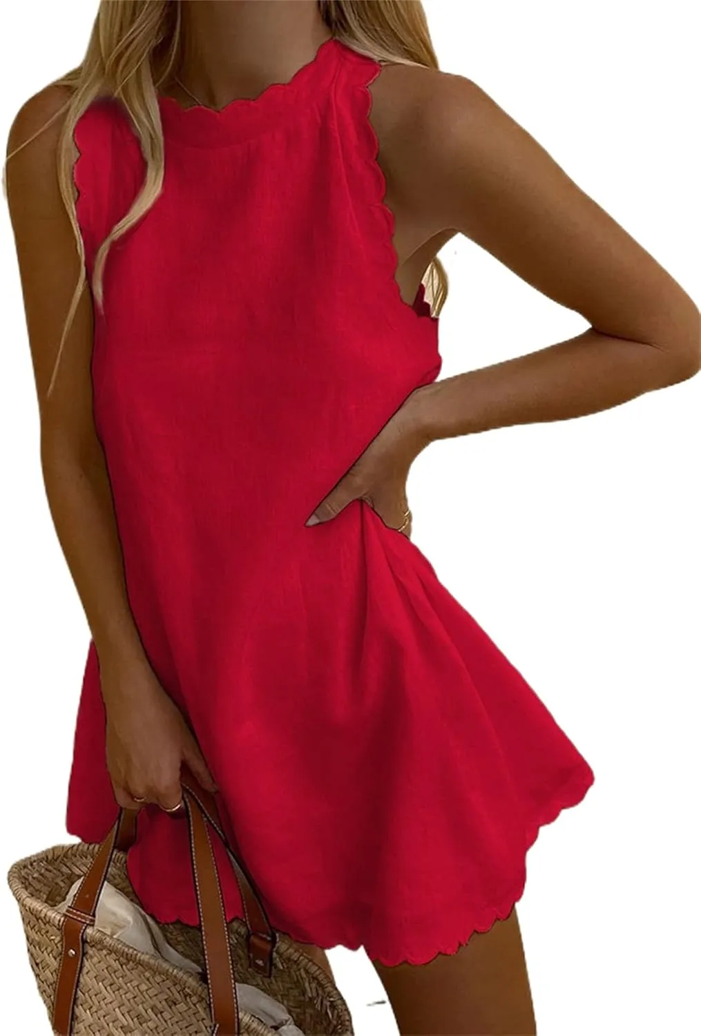 Women Casual Tank Dress Sleeveless Mock Neck Back Zipper Linen Summer Dress Scallop Halter Dress Sundress Beachwear