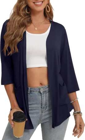Women's 3/4 Sleeve Open Front Cardigan Casual Loose Lightweight Cardigans with Pockets