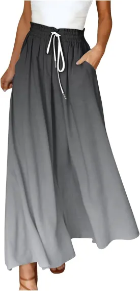 Women's Bohemian Gradient Color Elastic Casual High Waisted Wide Leg Dressy Loose Fit Pants with Pockets