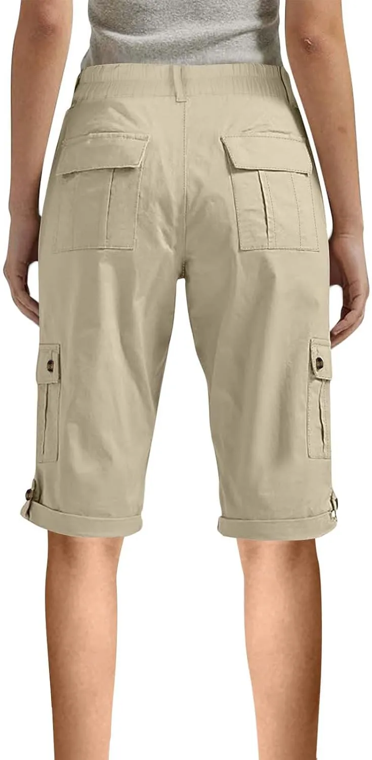 Womens Capris with Pockets Stretch Lightweight Casual Cargo Pants Rolled Summer Cropped Trousers Outdoor Clothes