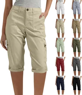 Womens Capris with Pockets Stretch Lightweight Casual Cargo Pants Rolled Summer Cropped Trousers Outdoor Clothes