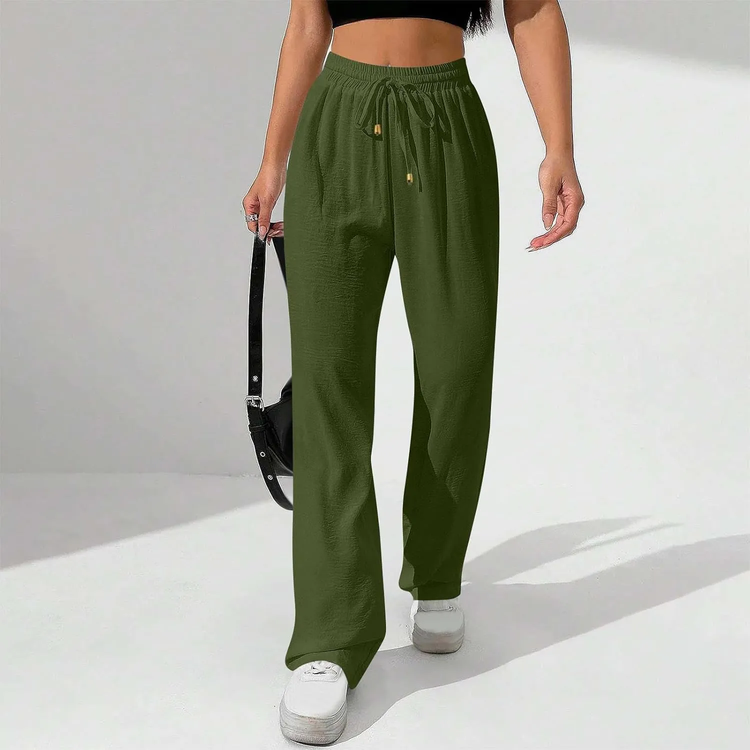 Womens Drawstring Waist Pants Soft Cotton Linen Straight Leg Trousers with Pockets Casual Relaxed Fit for Travel 2025