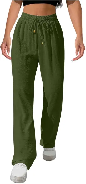 Womens Drawstring Waist Pants Soft Cotton Linen Straight Leg Trousers with Pockets Casual Relaxed Fit for Travel 2025
