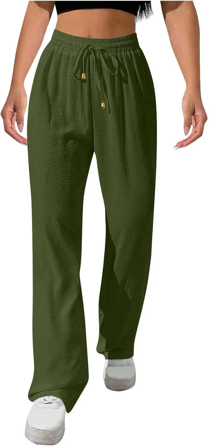 Womens Drawstring Waist Pants Soft Cotton Linen Straight Leg Trousers with Pockets Casual Relaxed Fit for Travel 2025