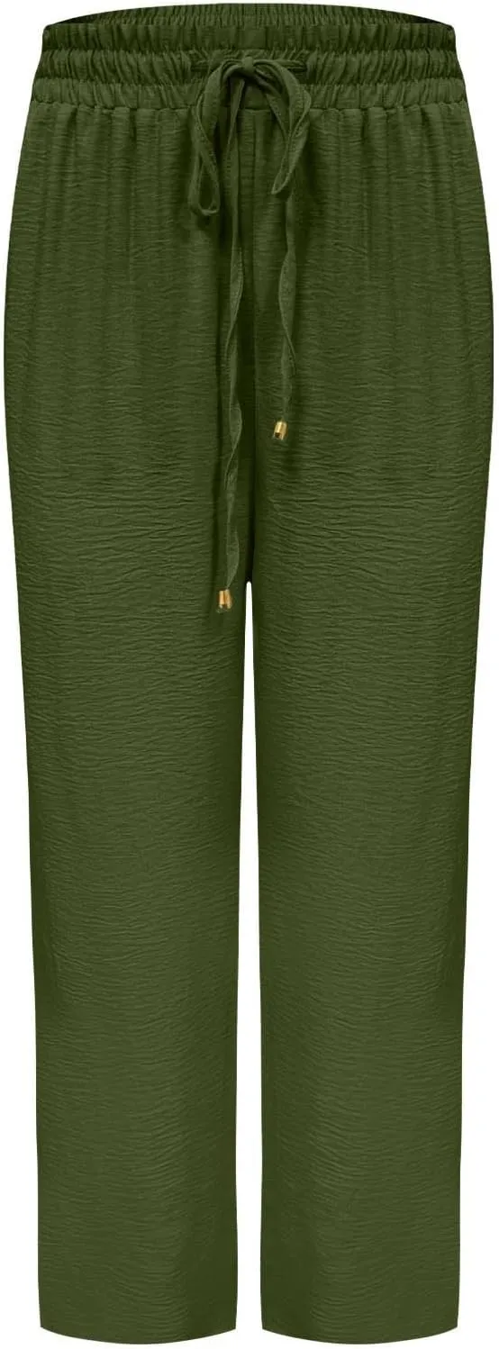 Womens Drawstring Waist Pants Soft Cotton Linen Straight Leg Trousers with Pockets Casual Relaxed Fit for Travel 2025