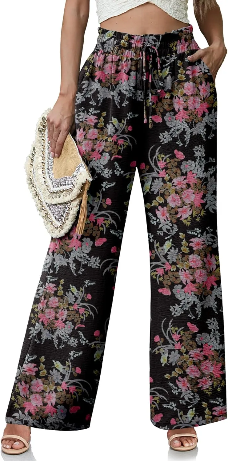 Women's High Waisted Wide Leg Pants Flowy Palazzo Pants Work Casual Tie Knot Pants with Pockets