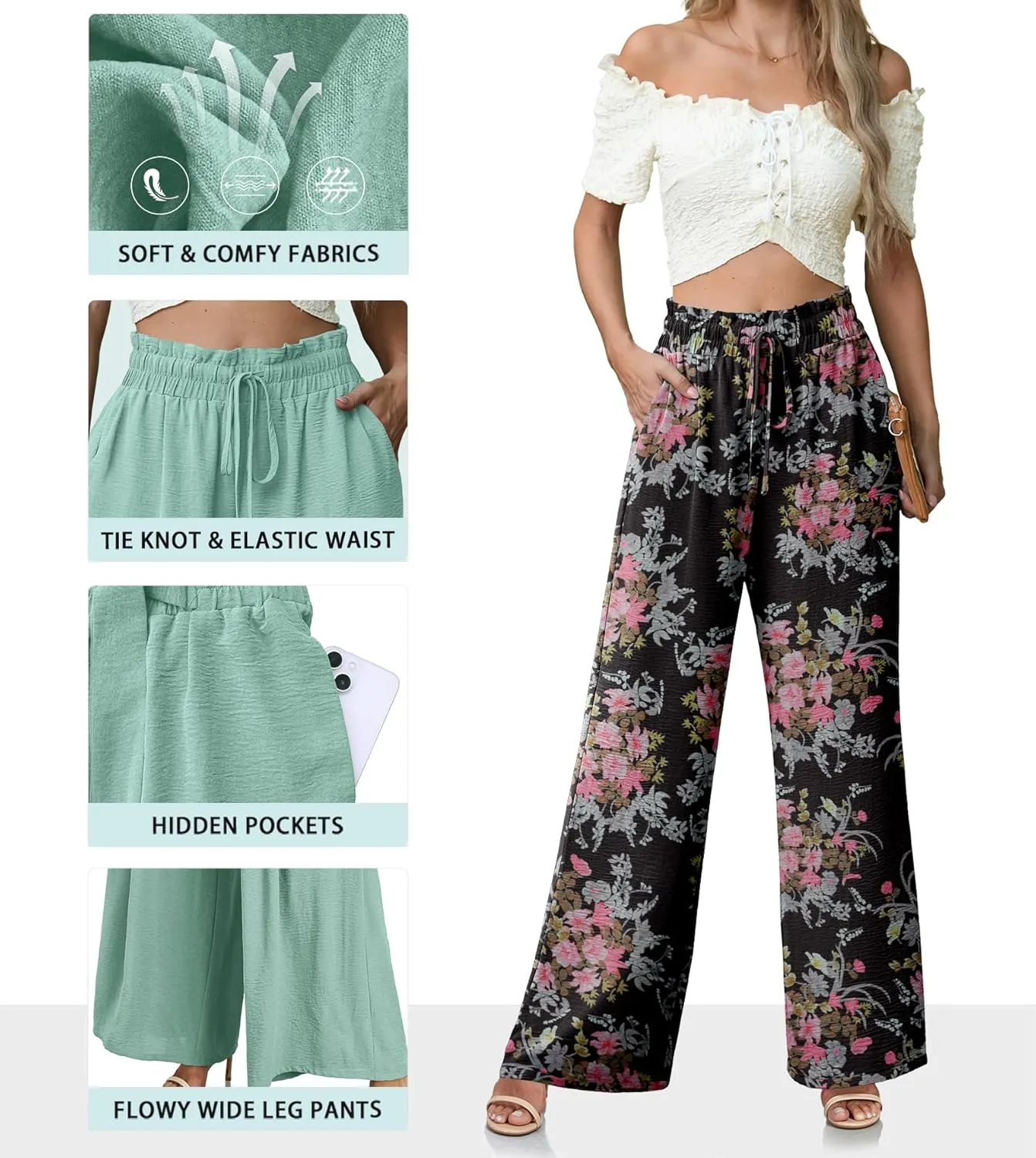 Women's High Waisted Wide Leg Pants Flowy Palazzo Pants Work Casual Tie Knot Pants with Pockets