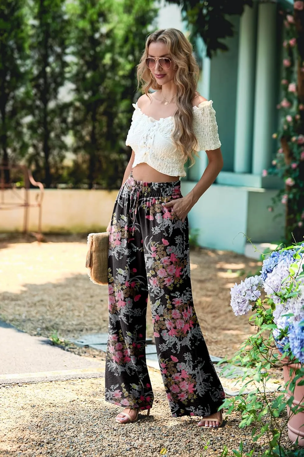 Women's High Waisted Wide Leg Pants Flowy Palazzo Pants Work Casual Tie Knot Pants with Pockets
