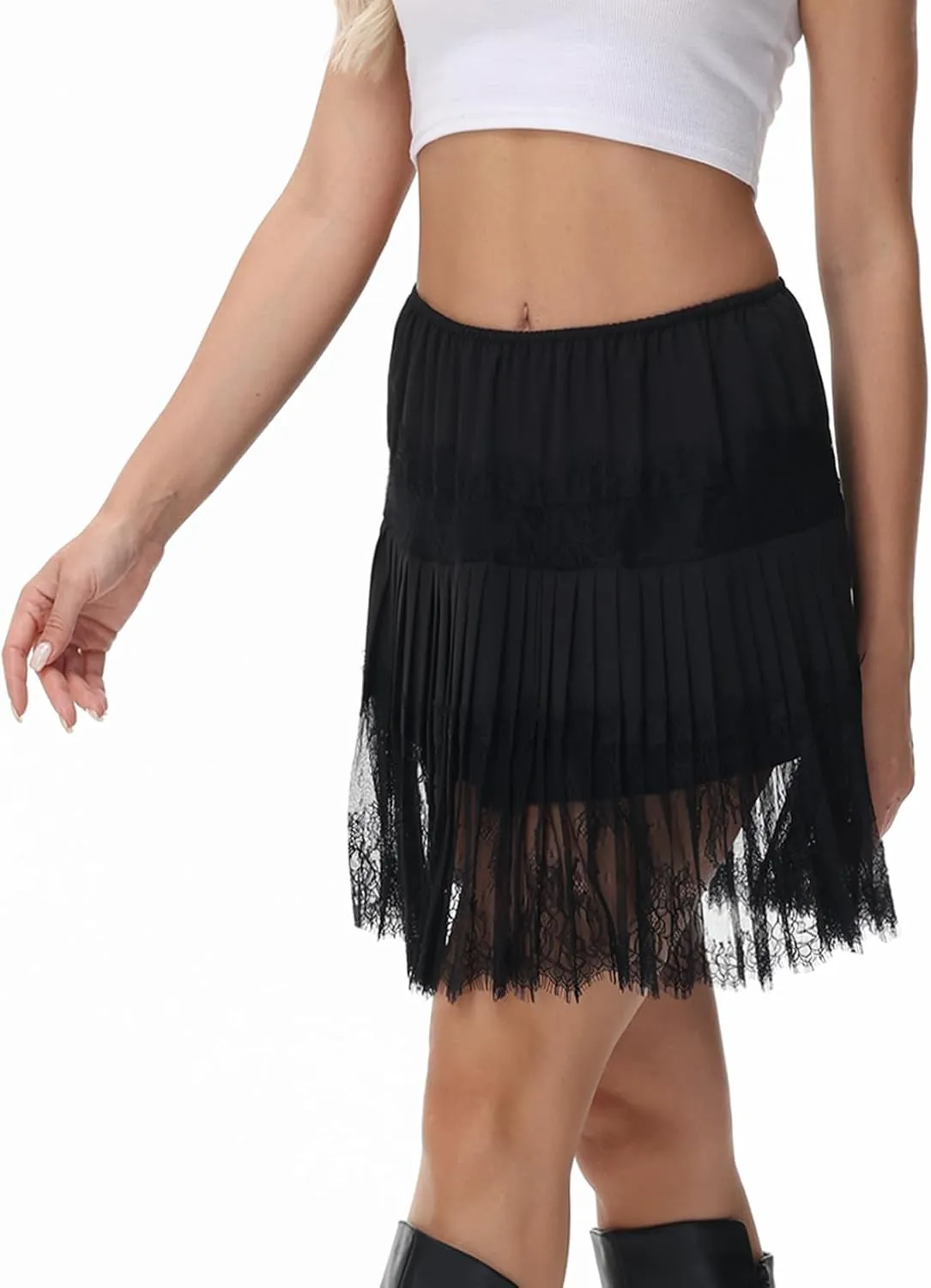 Womens Lace Pleated Skirts Flowy Y2K Style Floral Ruffled Lace Trim Mini Skirts with Lining