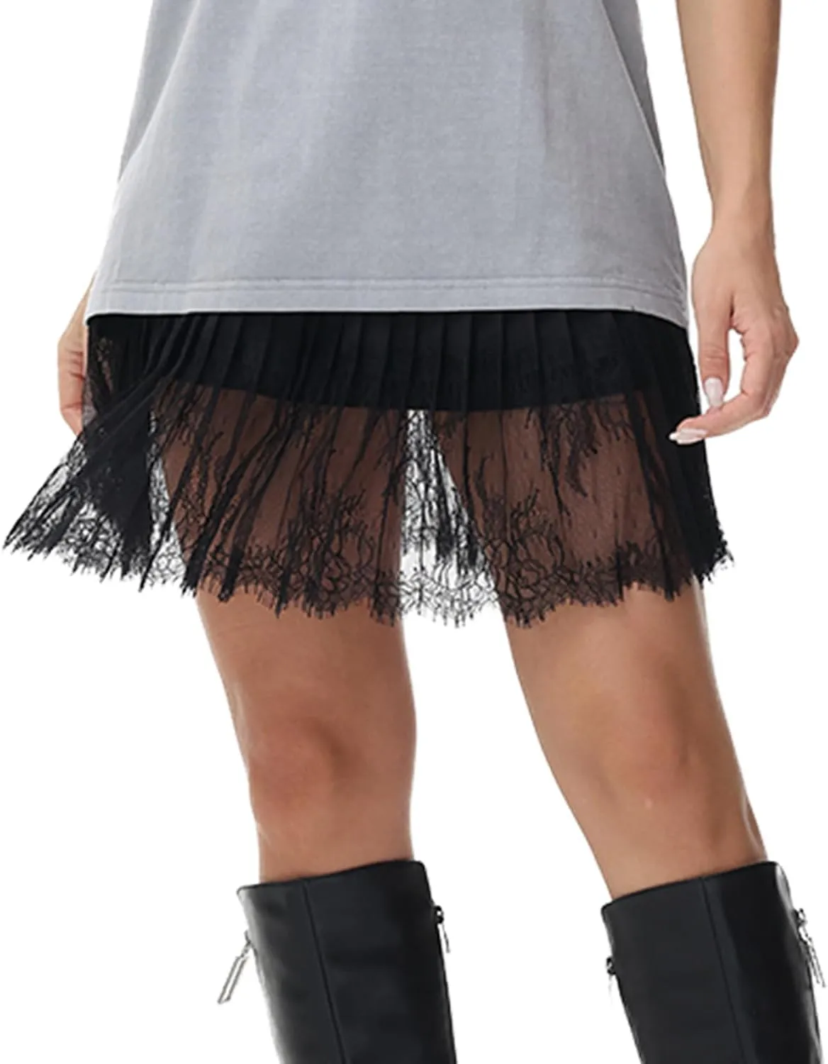 Womens Lace Pleated Skirts Flowy Y2K Style Floral Ruffled Lace Trim Mini Skirts with Lining