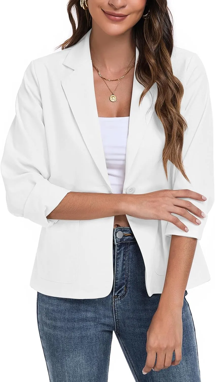 Womens Linen Blazer Long Sleeve Lightweight Work Office Jackets Casual Summer Lapel Button Blazers with Pockets