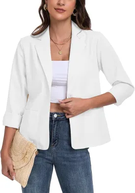 Womens Linen Blazer Long Sleeve Lightweight Work Office Jackets Casual Summer Lapel Button Blazers with Pockets