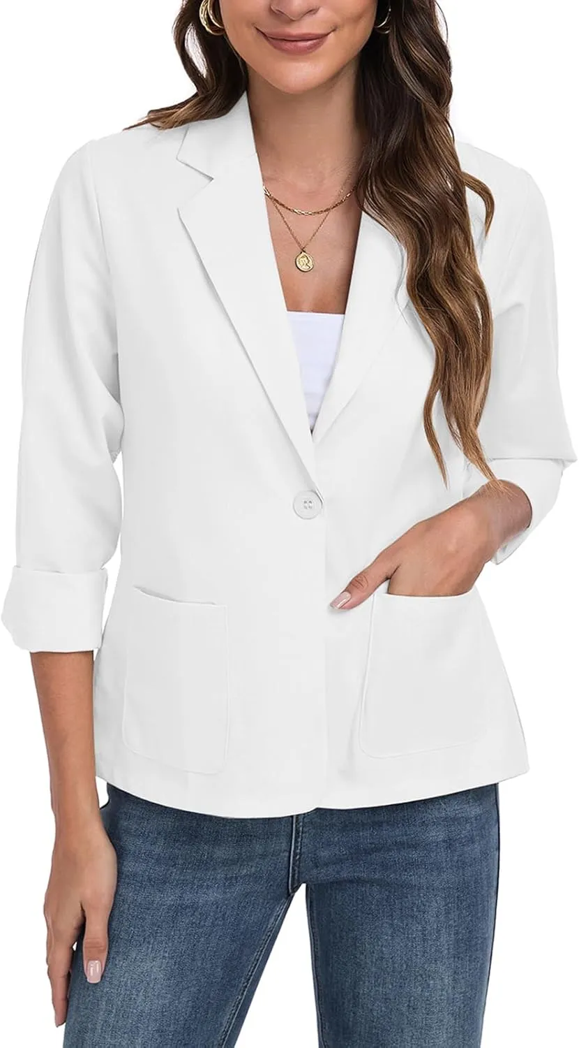 Womens Linen Blazer Long Sleeve Lightweight Work Office Jackets Casual Summer Lapel Button Blazers with Pockets