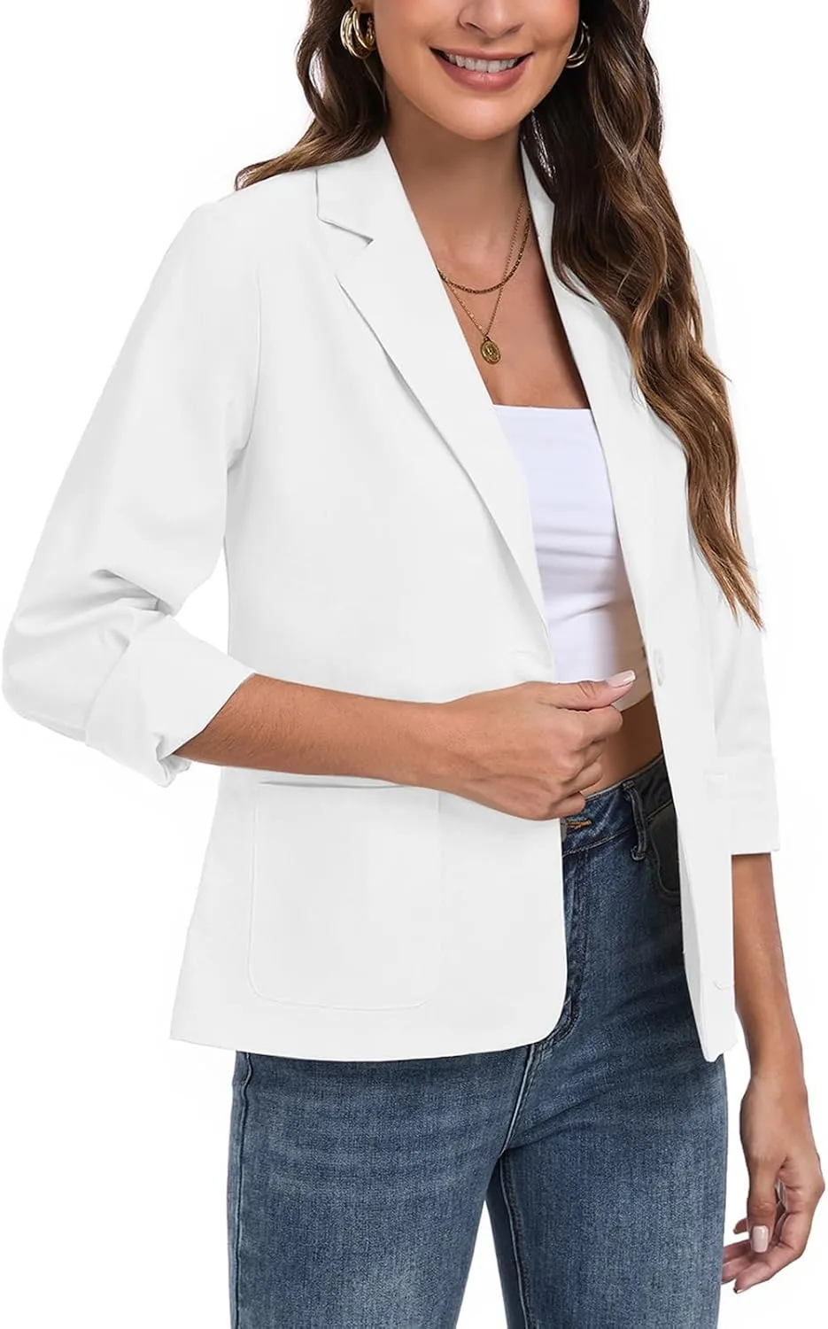 Womens Linen Blazer Long Sleeve Lightweight Work Office Jackets Casual Summer Lapel Button Blazers with Pockets