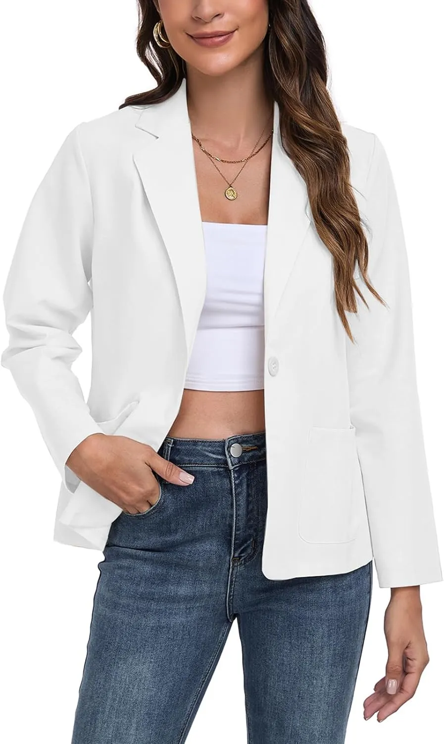 Womens Linen Blazer Long Sleeve Lightweight Work Office Jackets Casual Summer Lapel Button Blazers with Pockets