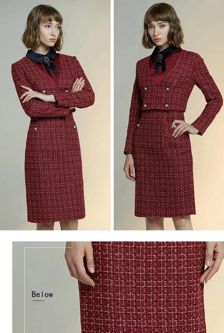 Women's Red Bow Tie Tweed Top   Midi Skirt Two Piece Set