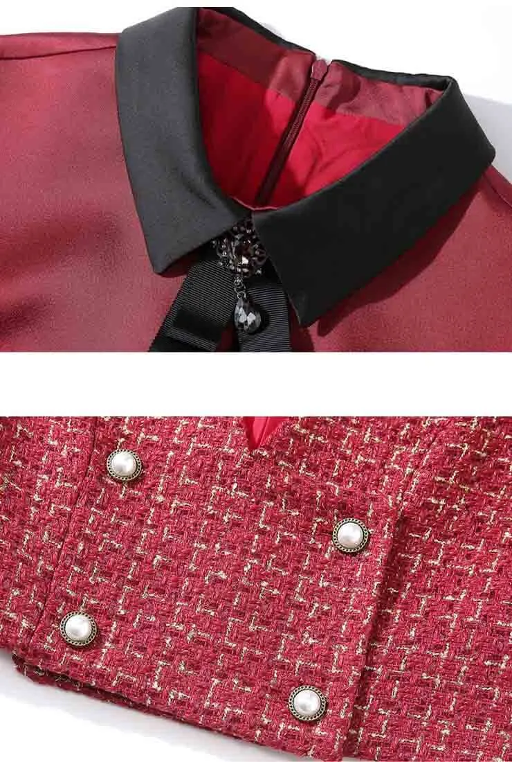 Women's Red Bow Tie Tweed Top   Midi Skirt Two Piece Set