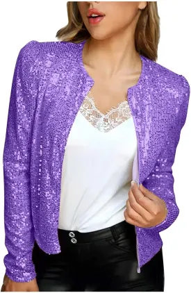 Womens Sequin Jackets Open Front Long Sleeve Coat Collarless Glitter Sparkly Short Blazer Evening Party Clothes