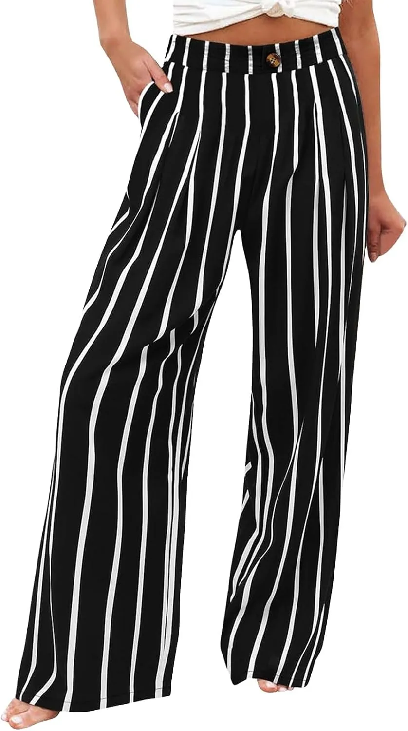Women's Solid Color Casual High Waisted Buttoned Elastic Pocket Wide Leg Straight Dressy Loose Fit Pants