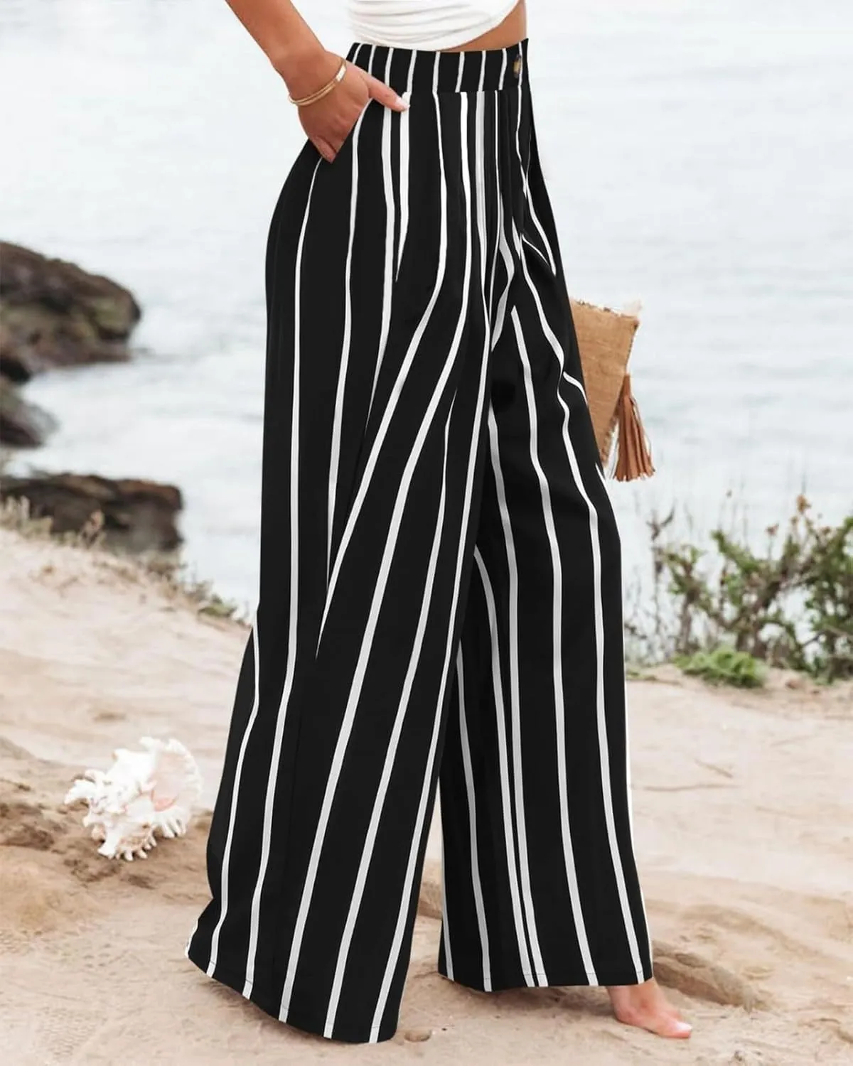 Women's Solid Color Casual High Waisted Buttoned Elastic Pocket Wide Leg Straight Dressy Loose Fit Pants
