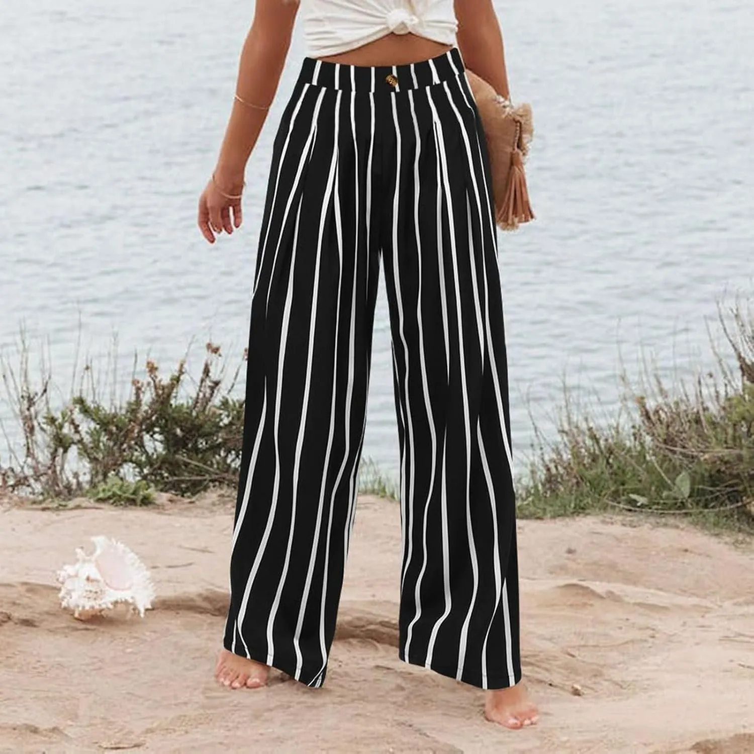 Women's Solid Color Casual High Waisted Buttoned Elastic Pocket Wide Leg Straight Dressy Loose Fit Pants