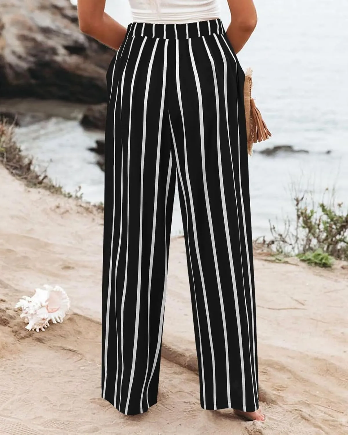 Women's Solid Color Casual High Waisted Buttoned Elastic Pocket Wide Leg Straight Dressy Loose Fit Pants