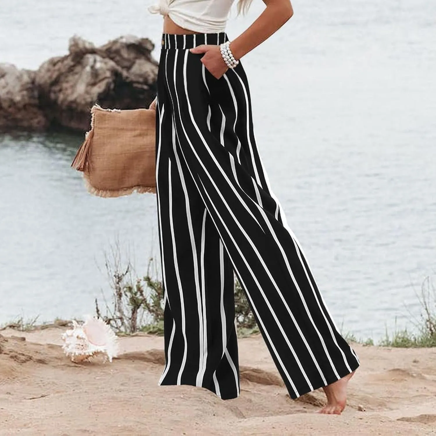 Women's Solid Color Casual High Waisted Buttoned Elastic Pocket Wide Leg Straight Dressy Loose Fit Pants