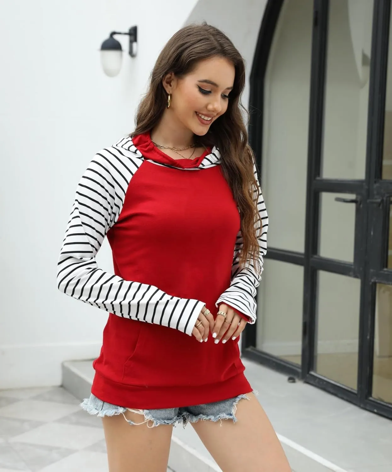 Womens Striped Hoodies Tops Long Sleeve Cowl Neck Casual Pullover Sweatshirts Blouses with Pockets
