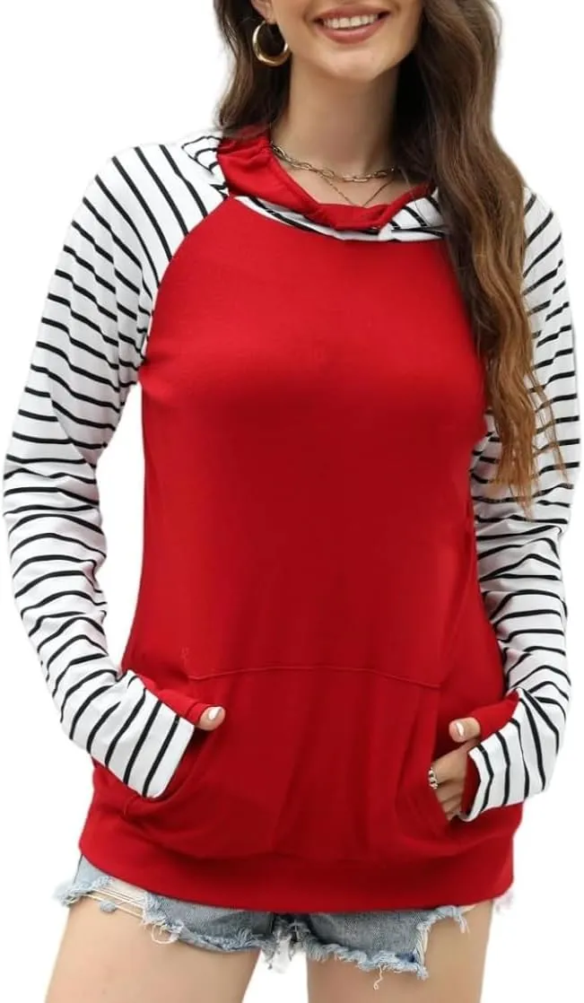 Womens Striped Hoodies Tops Long Sleeve Cowl Neck Casual Pullover Sweatshirts Blouses with Pockets