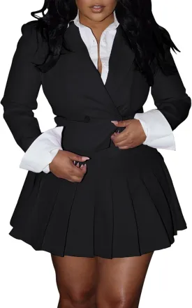 Womens Suits 2 Piece Set Casual Double Breasted Crop Jacket Blazer Top & High Waist Pleated Mini Skirt Sets