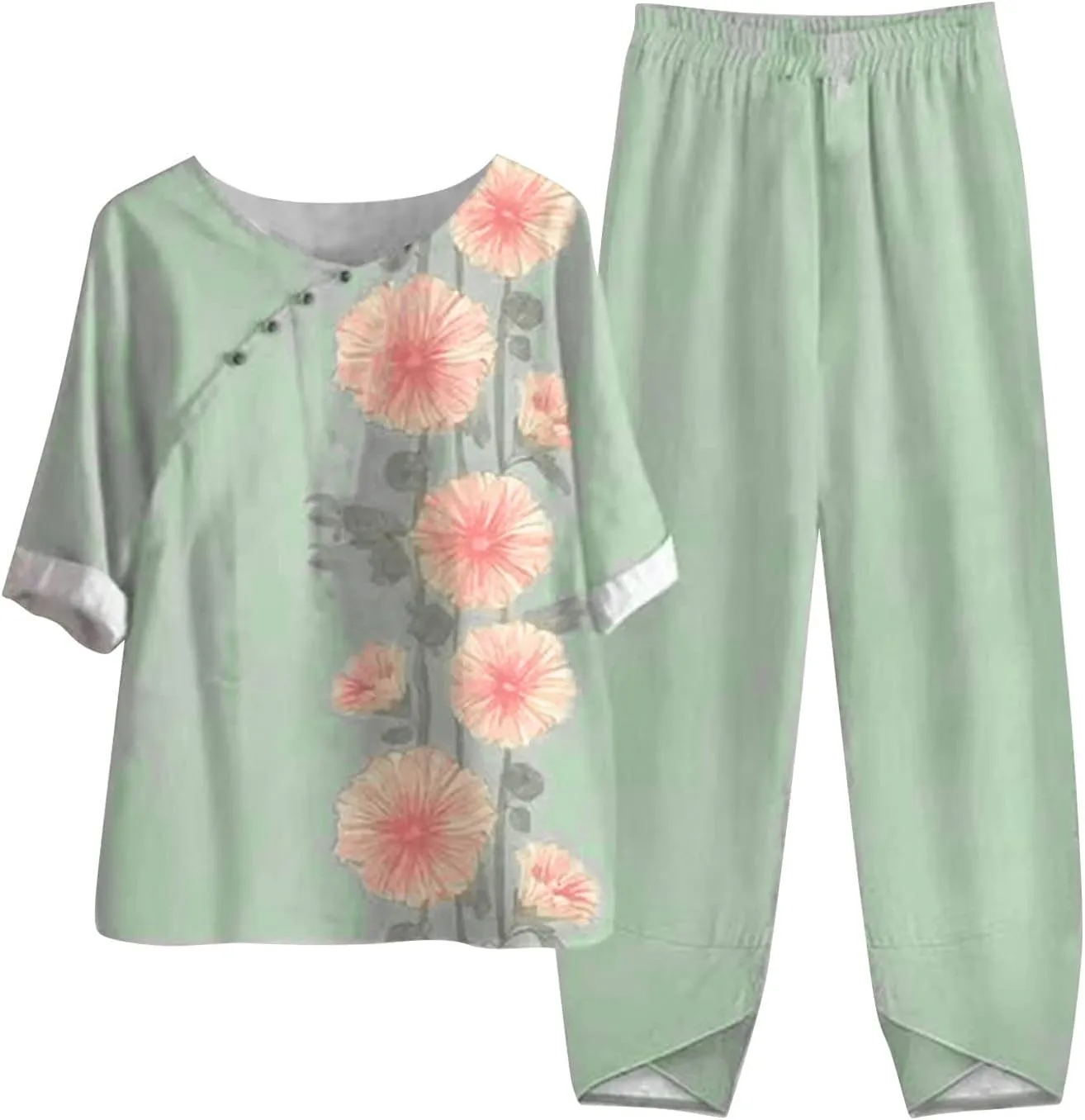 Womens Summer Linen Sets 2 Piece Lounge Sets Half Sleeve T Shirts with Cotton Linen Pants Plus Size Vacation Outfits