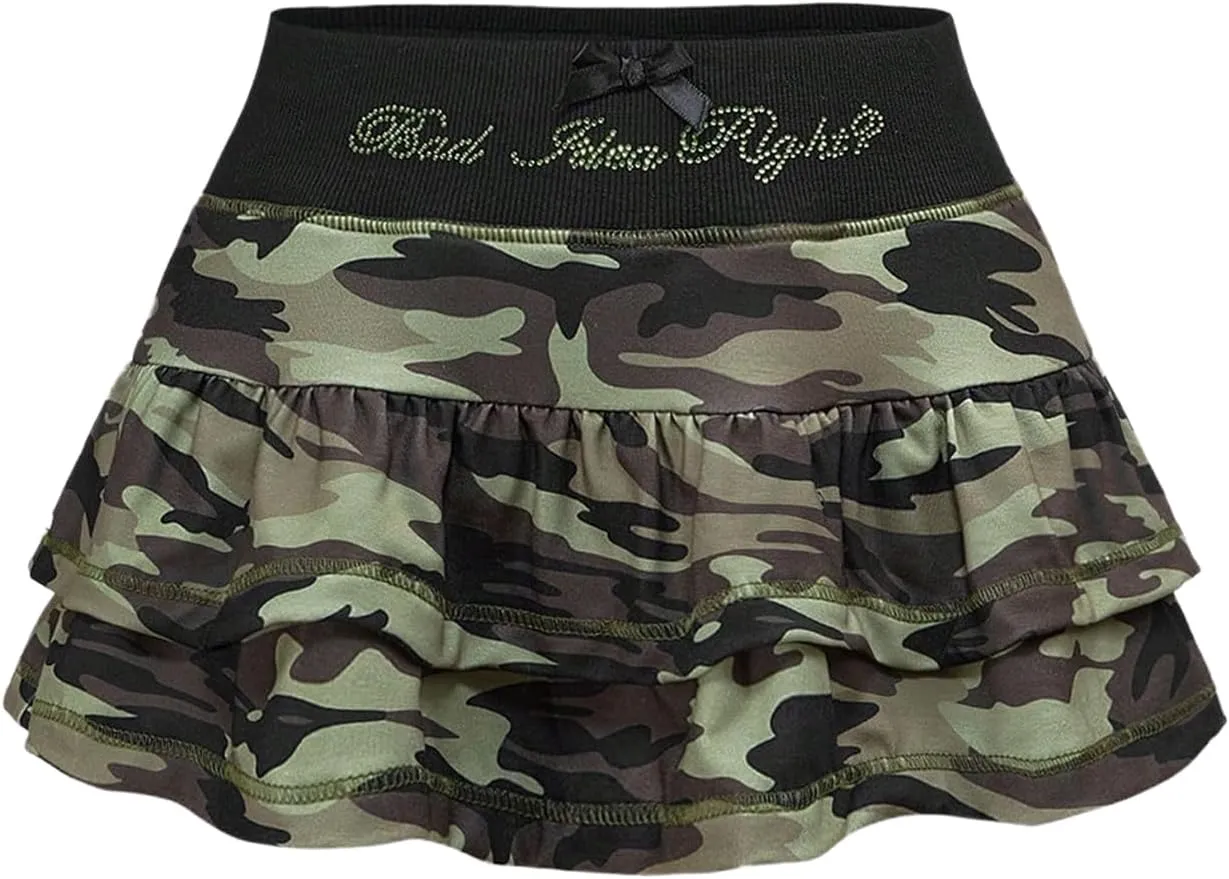 Women's Y2K Vintage Camo Layered Ruffle Mini Skirt Elastic High Waisted A Line Skirts