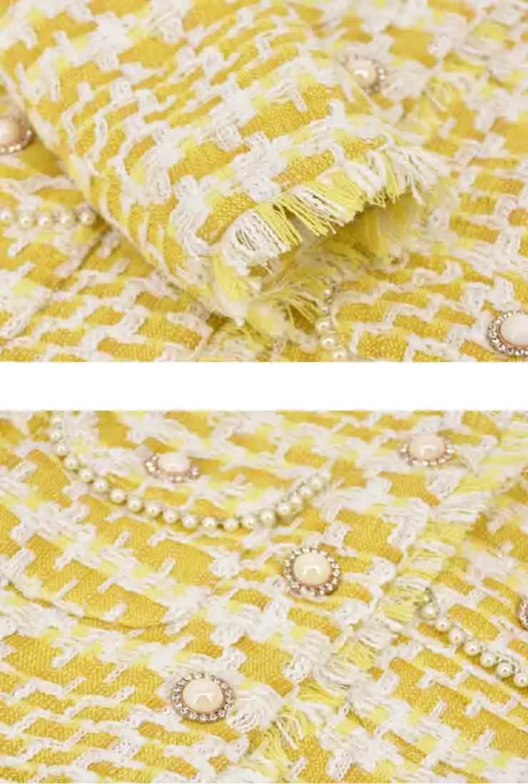 Yellow Stand Collar Tweed Coat   Short Pants Two Piece Sets